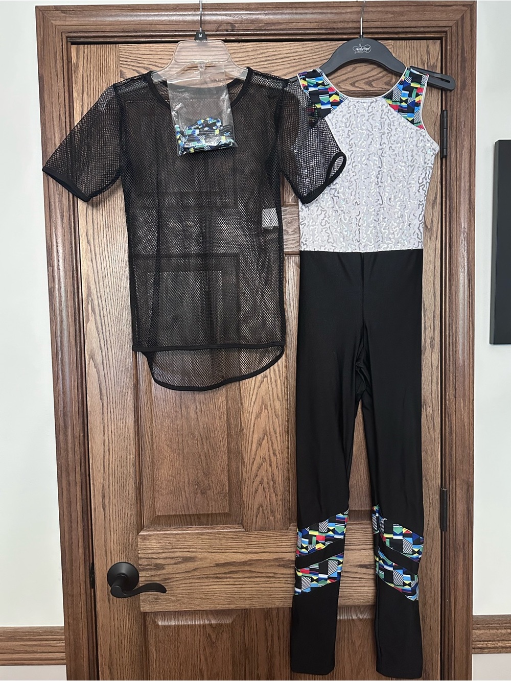 Kids Black Mesh Top with Multicolor Patterned Jumpsuit Set